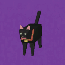 A 3d model of a black cat from the game Katamari Damacy spinning on a purple background